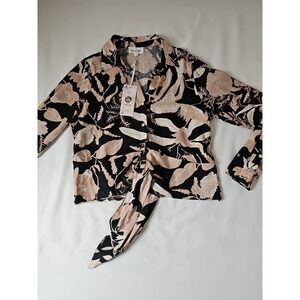 PANAMA JACK Womens Top SZ M Tie Front Linen Blend Button Tan Black NEW